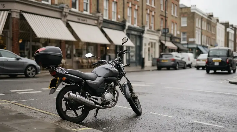 A commuter motorbike parked at the kerb on a city street