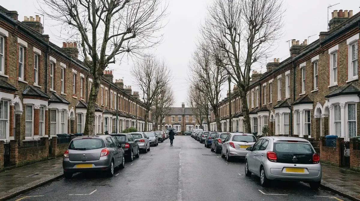 Small hatchback cars parked along a quiet residential street of London terraced houses