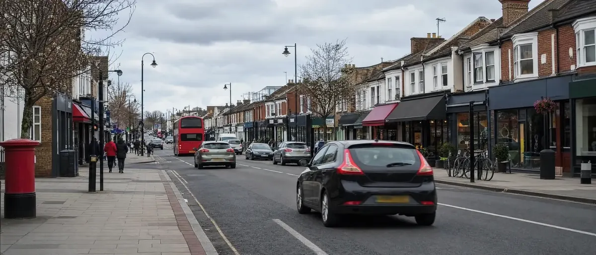 Buses and cars on an outer London high street inside the ULEZ