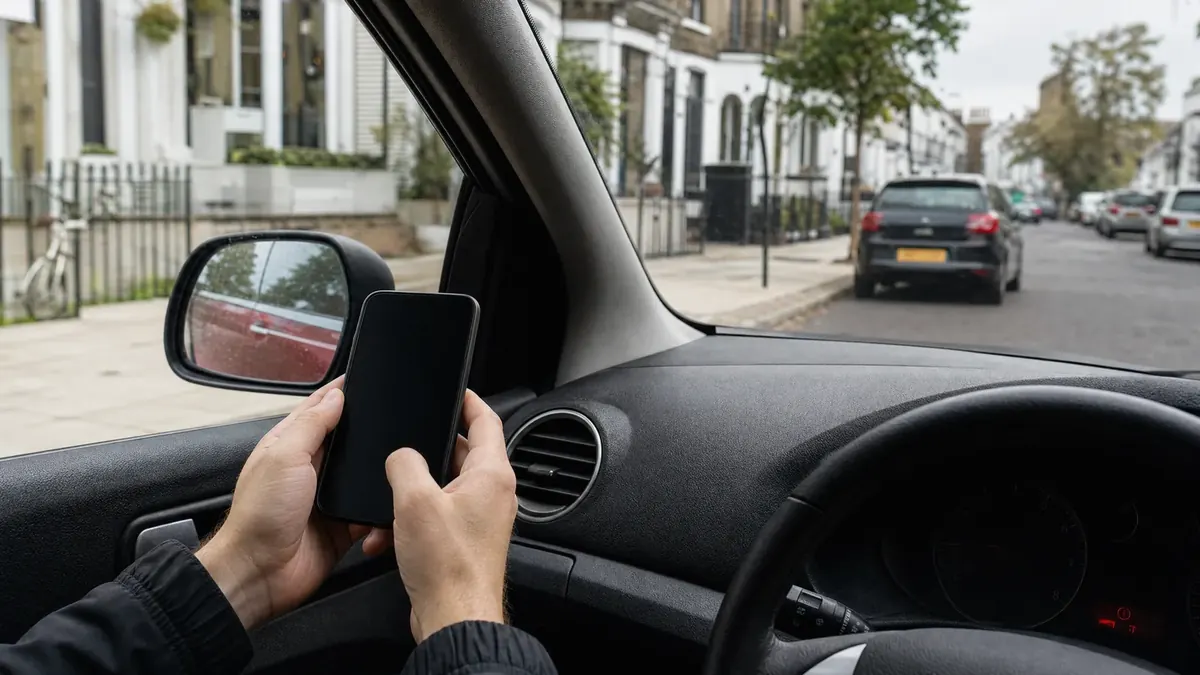 A driver holding a phone in a parked car on a London street, ready to pay the ULEZ charge
