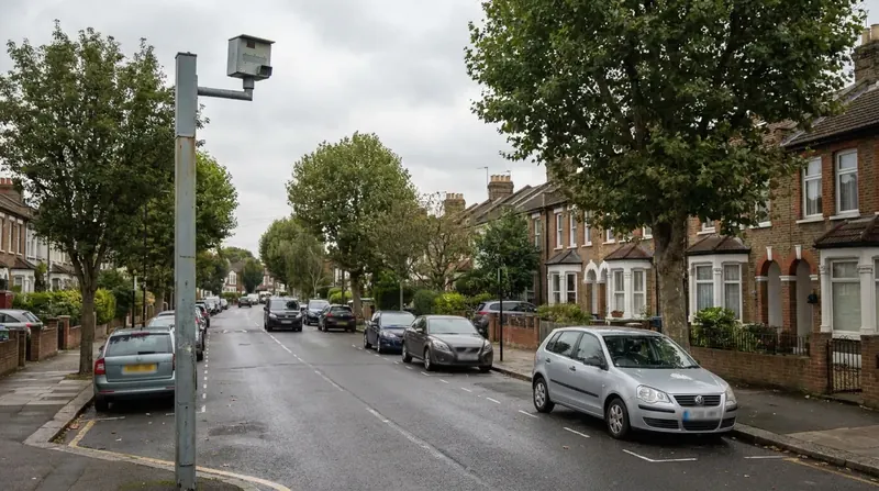 A grey camera pole beside a suburban road lined with trees