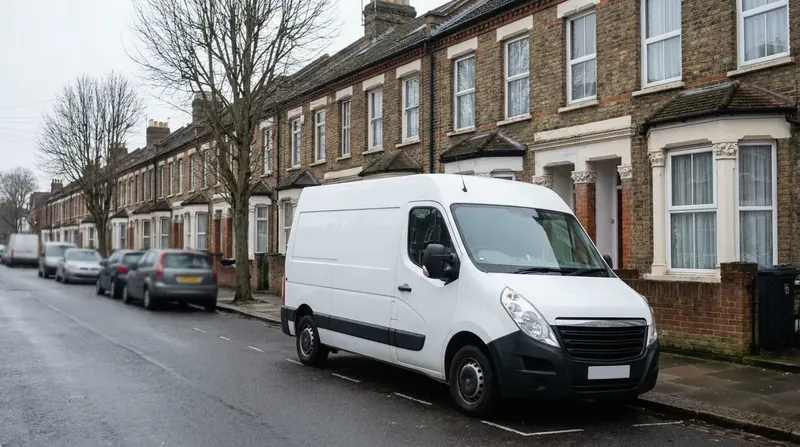 A white panel van parked outside a row of brick terraced houses